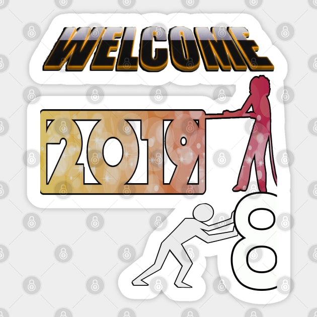 New Year 2019 Celebration Apparel & Gifts, Happy New Year 2019 Shirt Pushing Old Out & Pulling in New Years Eve Sticker by tamdevo1